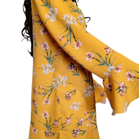 EXHILARATION Boho Mustard Floral Print Boho Dress Size Large - Picture 6 of 9